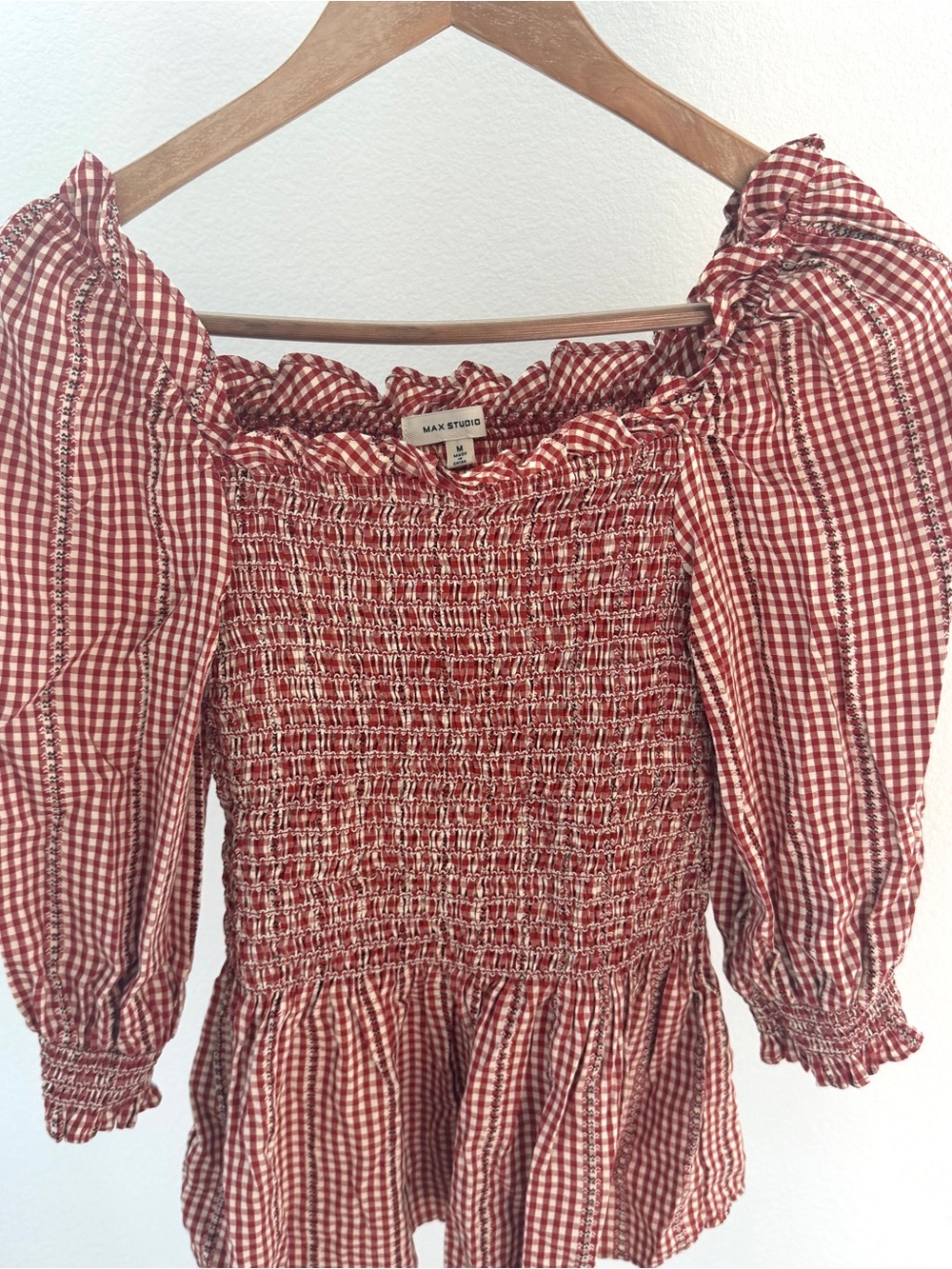 Max Studio Medium Red Gingham Smocked Peplum Top